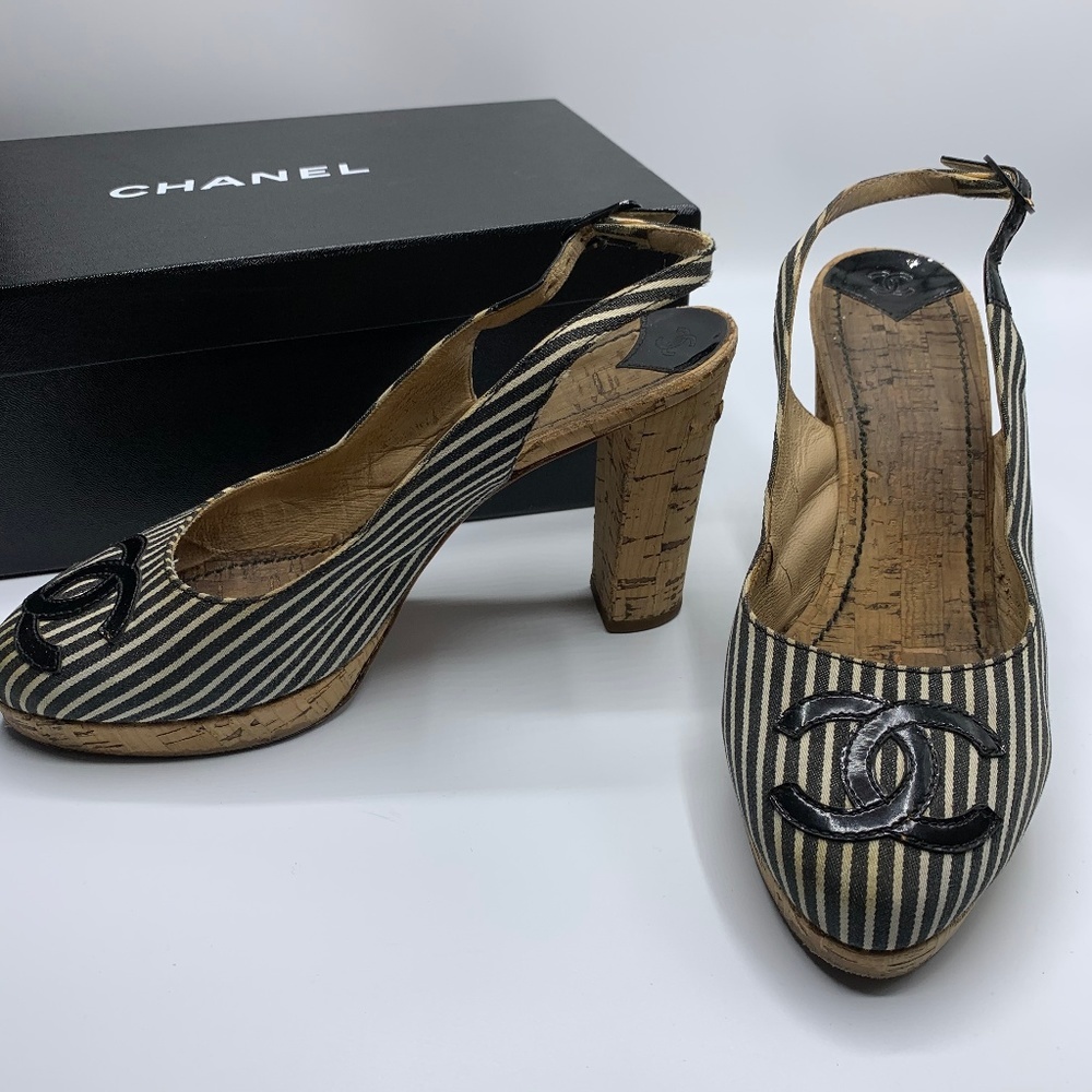 Chanel nautical cork blue/white pumps heels 8.5